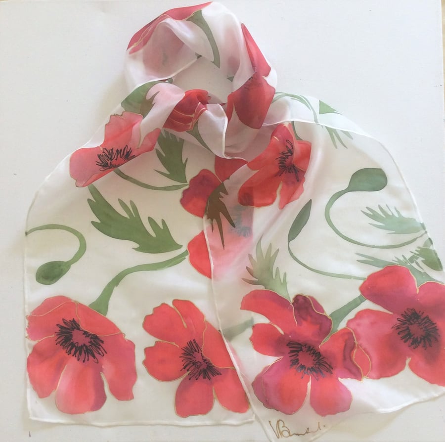 Red Poppies  hand painted silk scarf