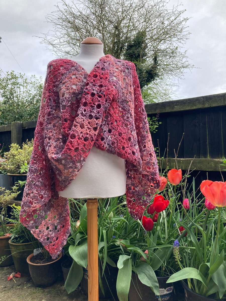 Frothy Waves Red Berries Chevron Lace Rectangular Handmade Shawl Wrap Scarf