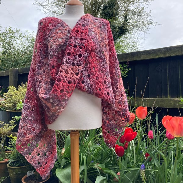 Frothy Waves Red Berries Chevron Lace Rectangular Handmade Shawl Wrap Scarf