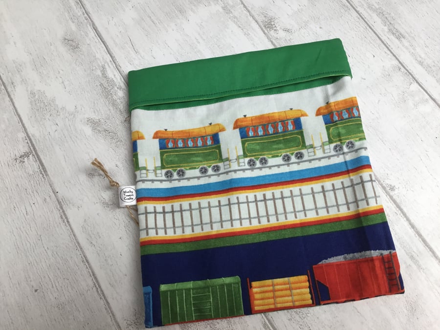 Reusable sandwich bag with food safe lining. Trains fabric