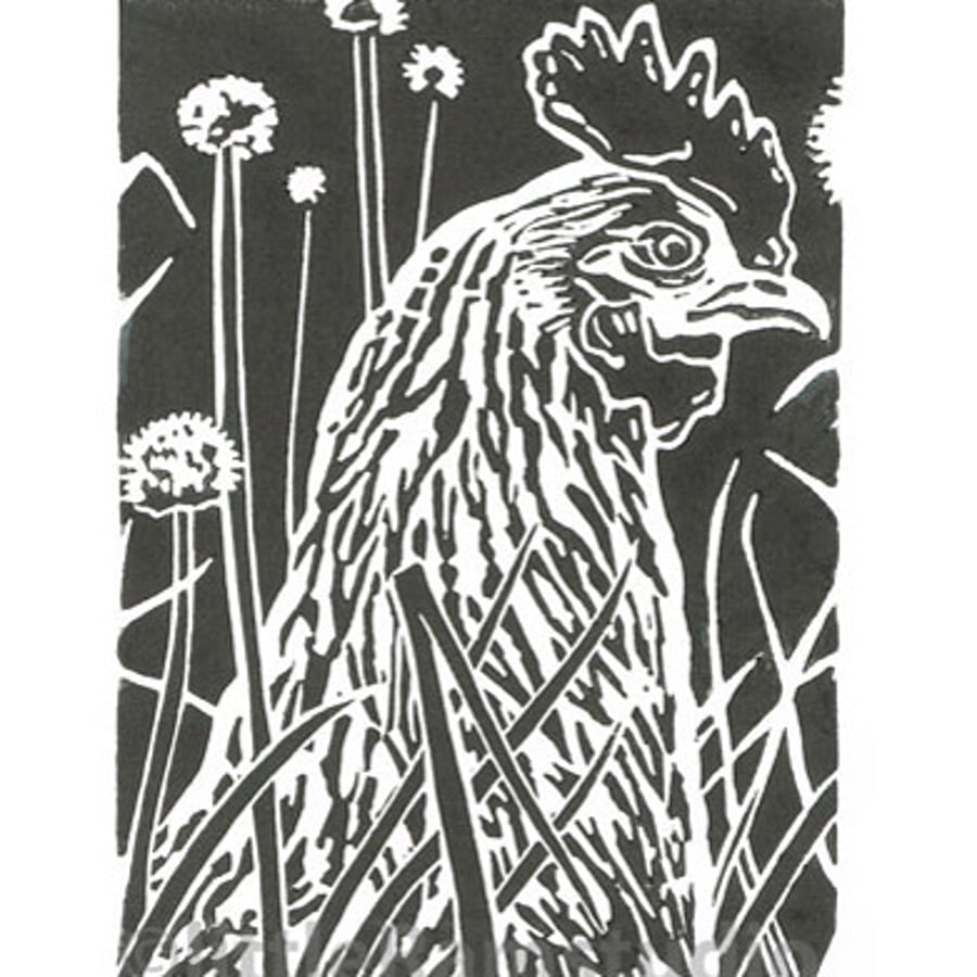 Hen amongst the Chives - Original Hand Pulled Linocut Print