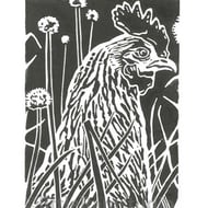 Hen amongst the Chives - Original Hand Pulled Linocut Print
