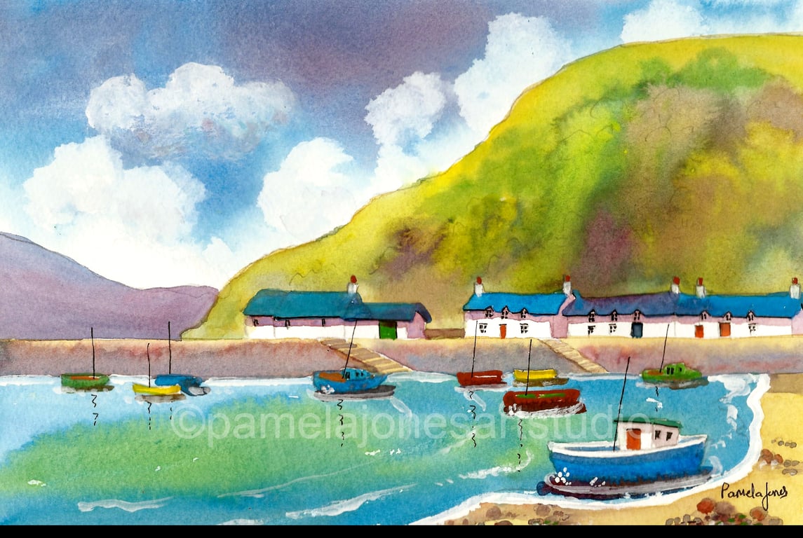 Lower Fishguard Harbour, Pembrokeshire, Watercolour Print in 14 x 11'' Mount