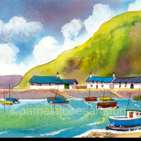 Lower Fishguard Harbour, Pembrokeshire, Watercolour Print in 14 x 11'' Mount