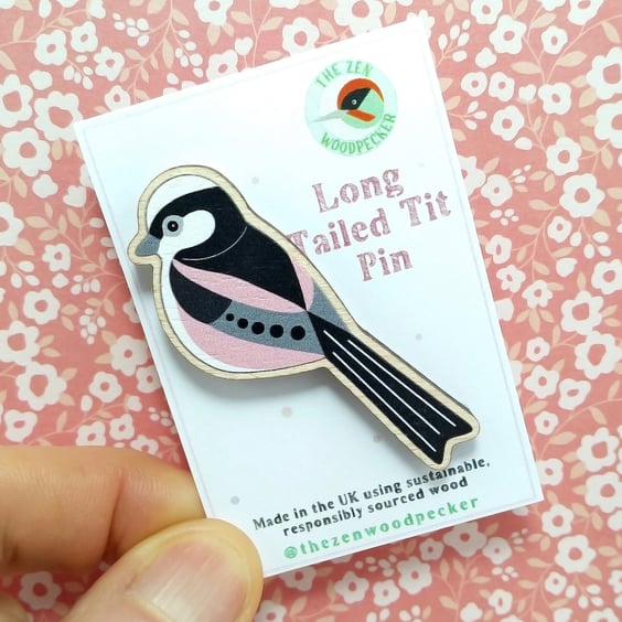 Long Tailed Tit Pin Badge, Wooden Bird Brooch, Garden Birds