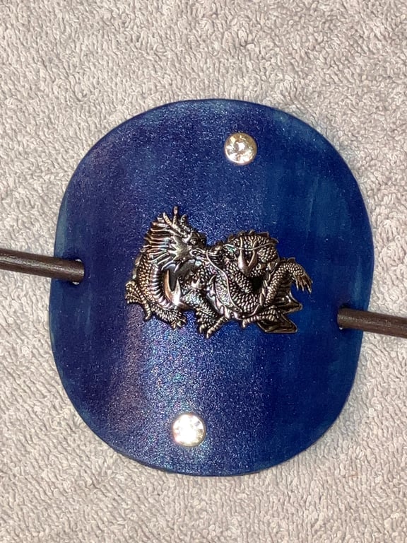 Blue Dyed Leather Hair Stick Barrette - Circle Shaped Leather - Dragon Centre