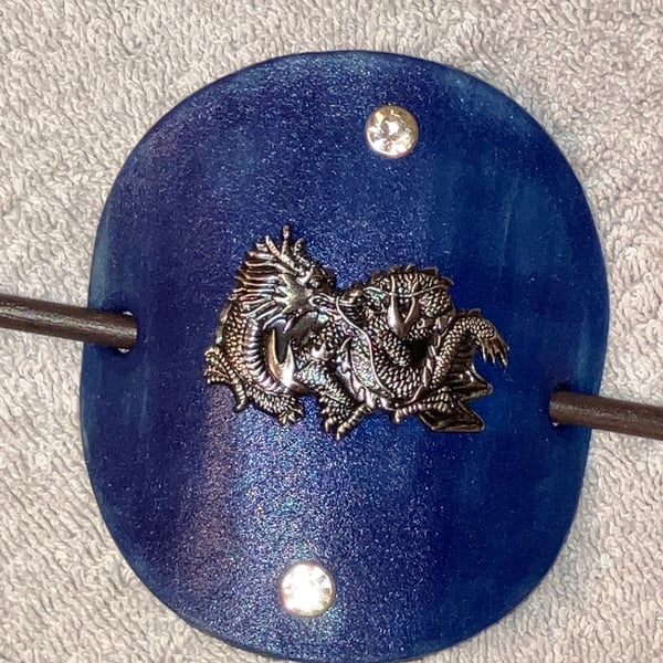 Blue Dyed Leather Hair Stick Barrette - Circle Shaped Leather - Dragon Centre
