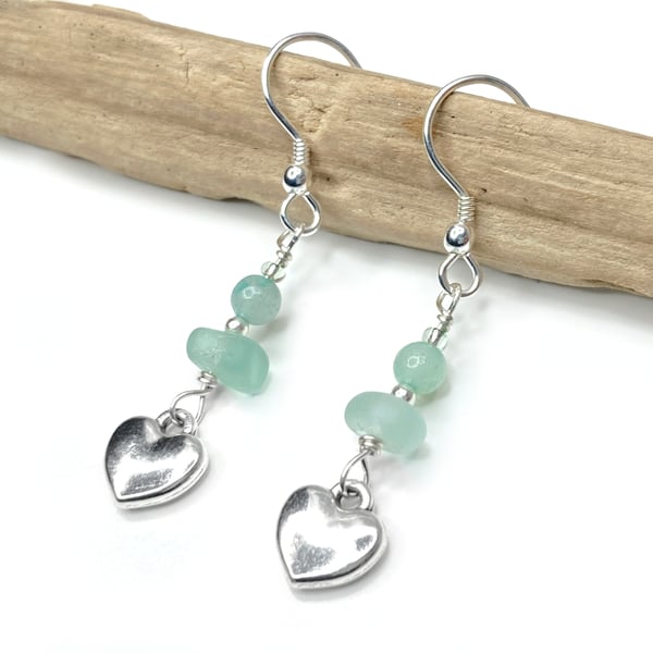 Heart Charm Earrings. Green Sea Glass & Amazonite Crystal Beads Silver Jewellery