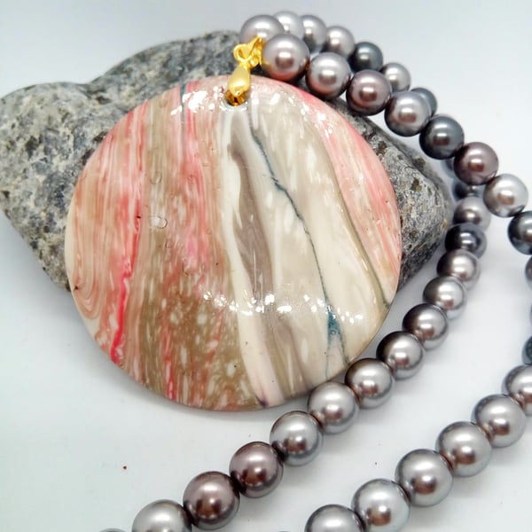 Pink and Grey Mother of Pearl Pendant on a Charcoal Grey Pearl Necklace