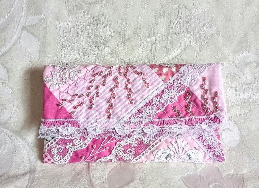 Hand Embroidered Pink Pouch, Upcycled Fabric Beaded Clutch, Lace Textile wallet