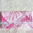 Hand Embroidered Pink Pouch, Upcycled Fabric Beaded Clutch, Lace Textile wallet