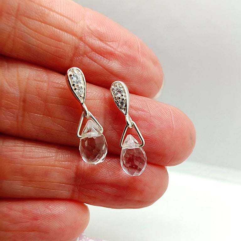Faceted quartz stud drop earrings sterling silver sparkle