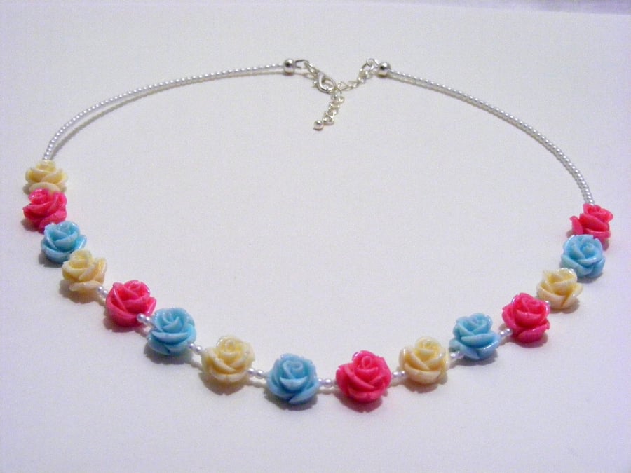 Multi-Colour roses and satin pearl Necklace