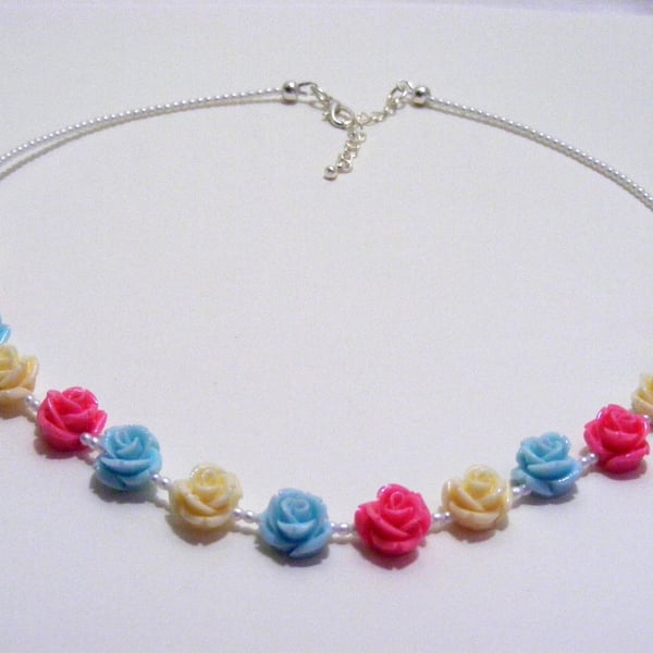 Multi-Colour roses and satin pearl Necklace