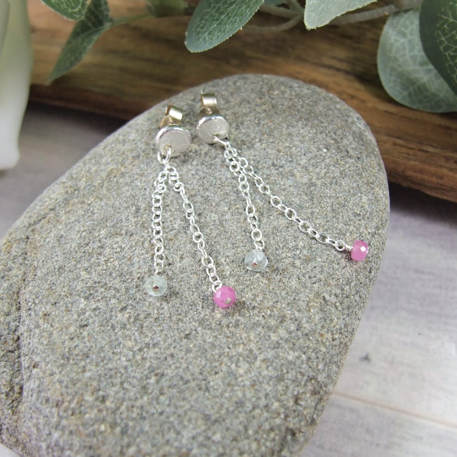 Earrings, Sterling Silver Long Chain Droppers with Pink Sapphire and Aquamarine