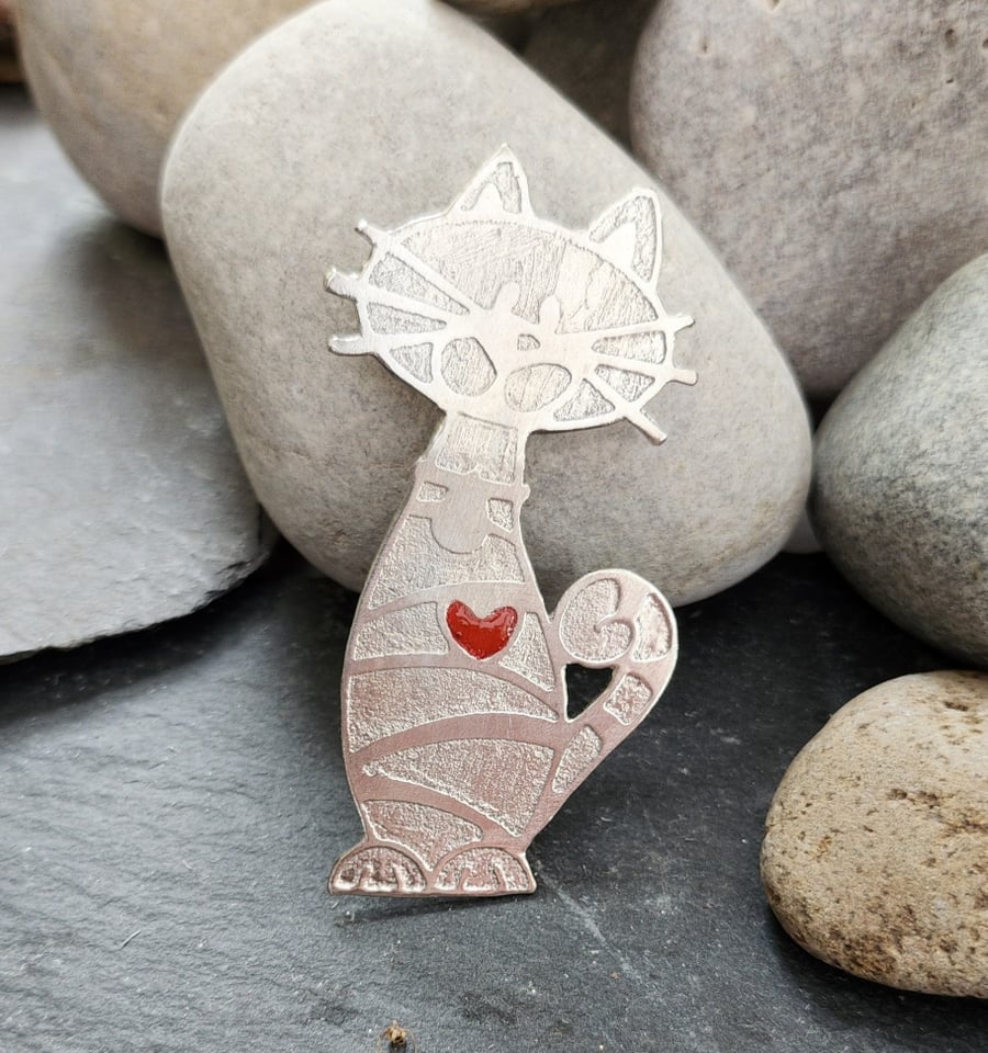 Etched pewter cat coat brooch