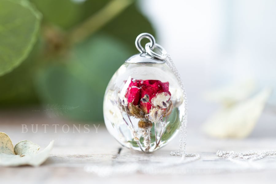 Red Rose and Baby Breath Necklace Real Flower Necklace Whimsical Resin Necklace 