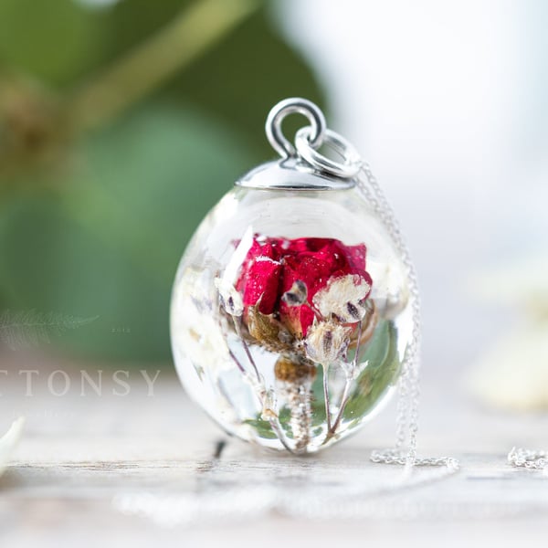 Red Rose and Baby Breath Necklace Real Flower Necklace Whimsical Resin Necklace 