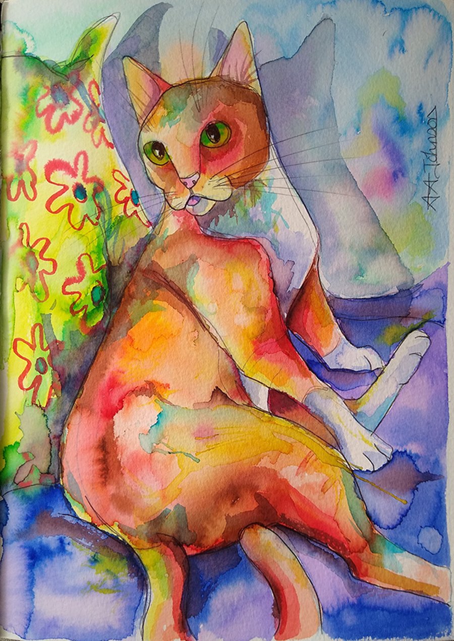 Red Haired Beauty - original watercolour cat art, cat paintings, ginger tom