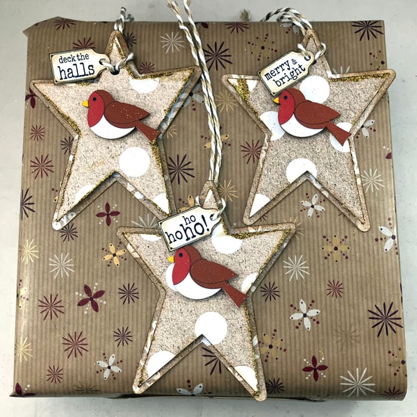 Handmade star shaped Christmas gift tags with robins