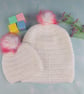 Matching Mum and Baby Crochet Hats, White Beanies with Pink Faux Fur Pom Poms  - Image 4