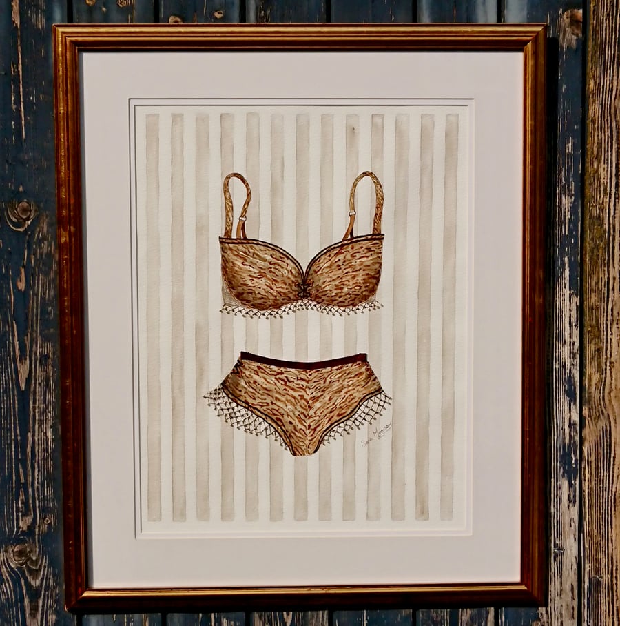Animal print bra and knickers watercolour painting with ribbon and beadwork