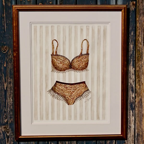 Animal print bra and knickers watercolour painting with ribbon and beadwork