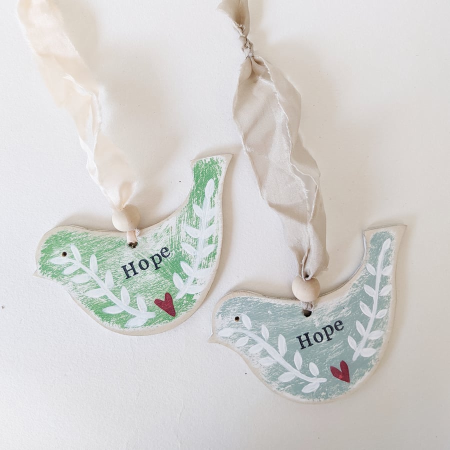 Painted Wooden Bird Hanging Decoration 'Hope'