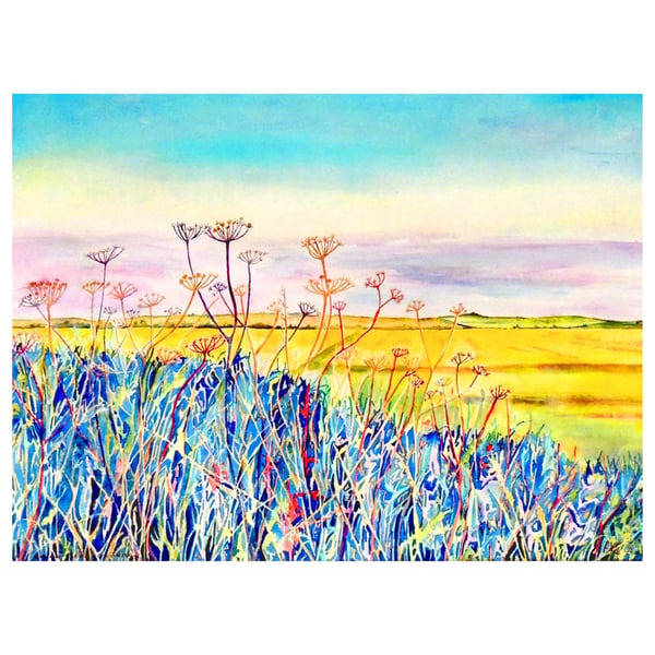 Landscape Watercolour Painting of Summer Fields Countryside & Rural Skyscape Art