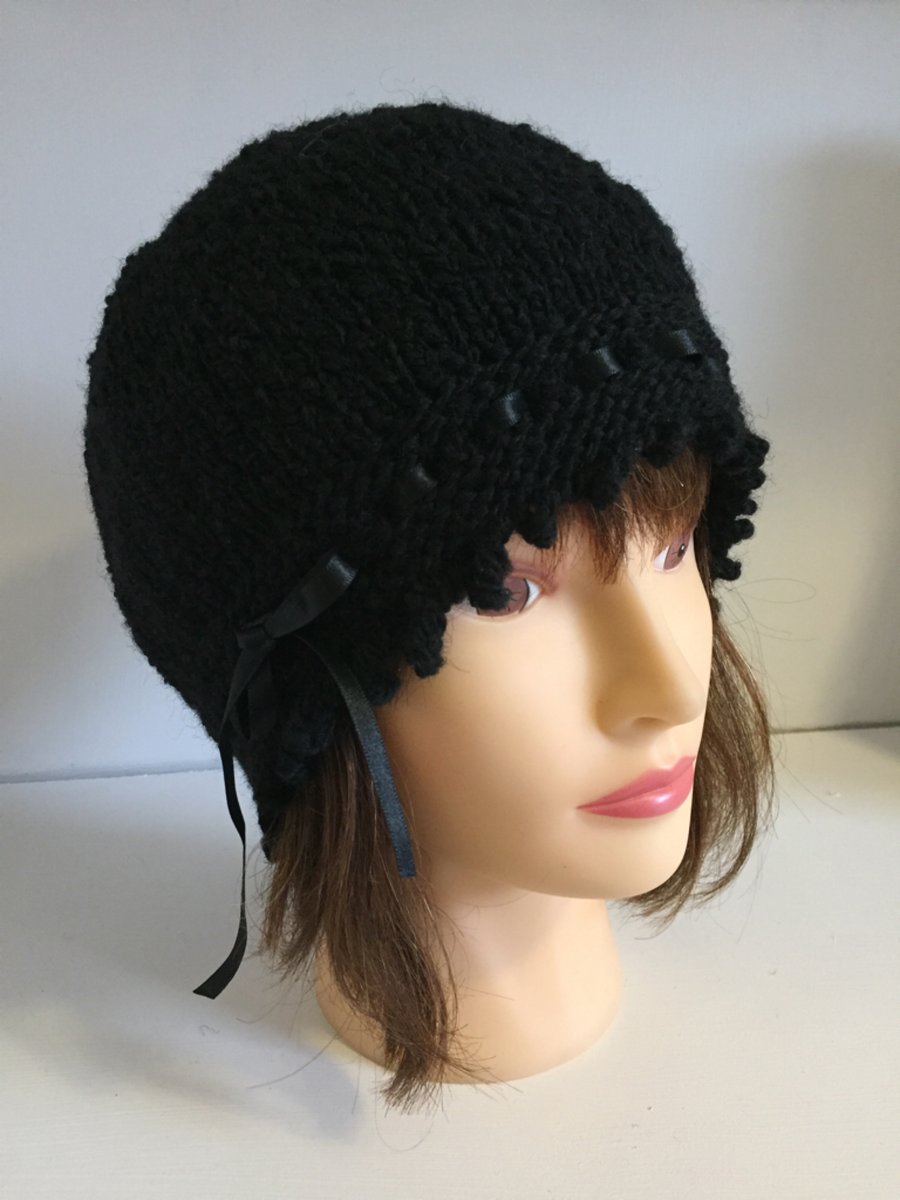 1920s Style Hat, Black Vintage Look Winter Hat, Ribbon Laced Beanie Hat, 