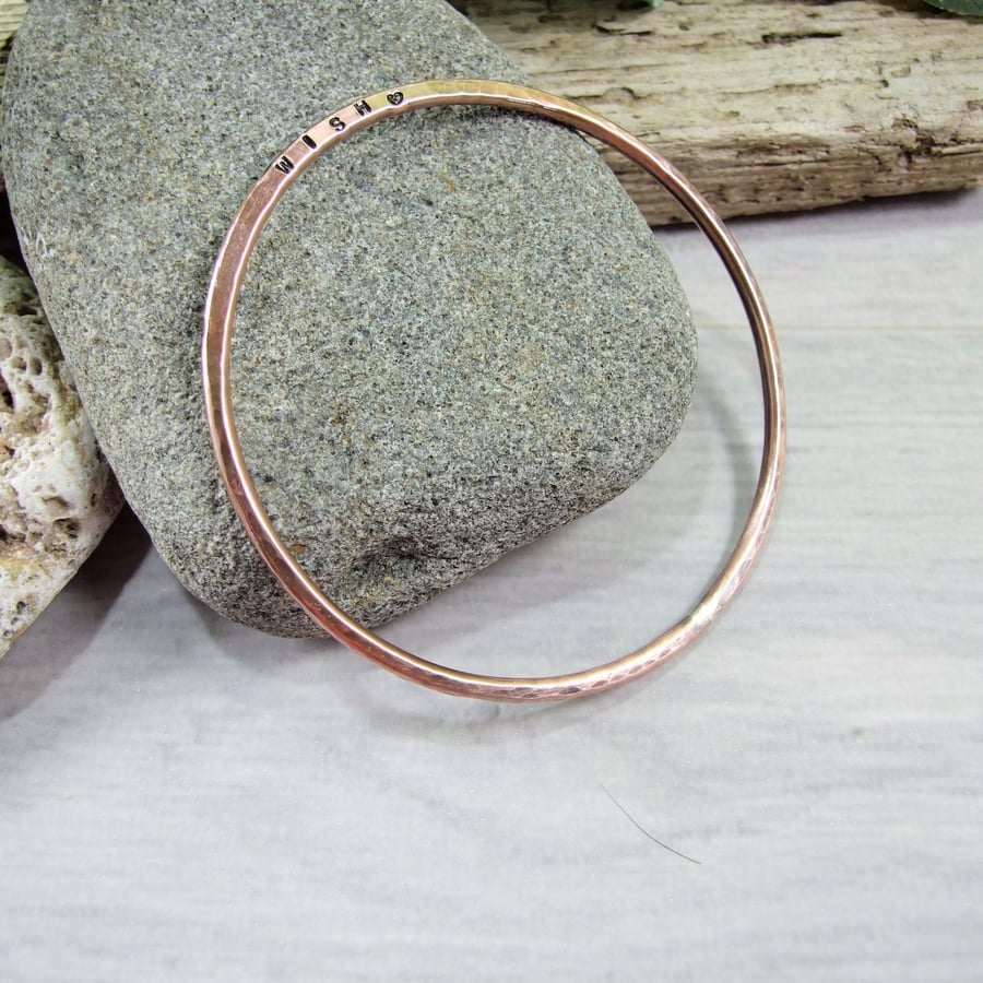 Copper Bangle. Bracelet with Hidden Stamped Message Wish and Heart. Size Medium