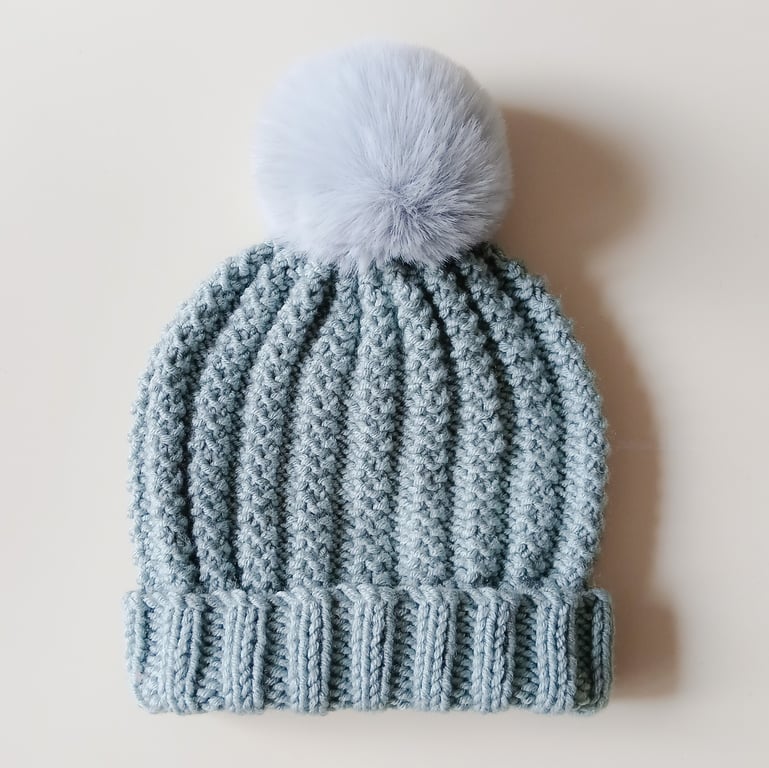 HAND KNIT Ladies Sassy Sage Beanie Hat with Pom-Pom