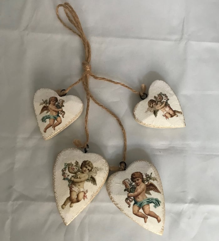 Cherubs Wooden Hanging Hearts Christmas Valentines Love Decoration Blue