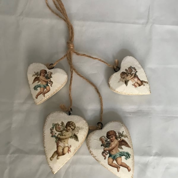 Cherubs Wooden Hanging Hearts Christmas Valentines Love Decoration Blue