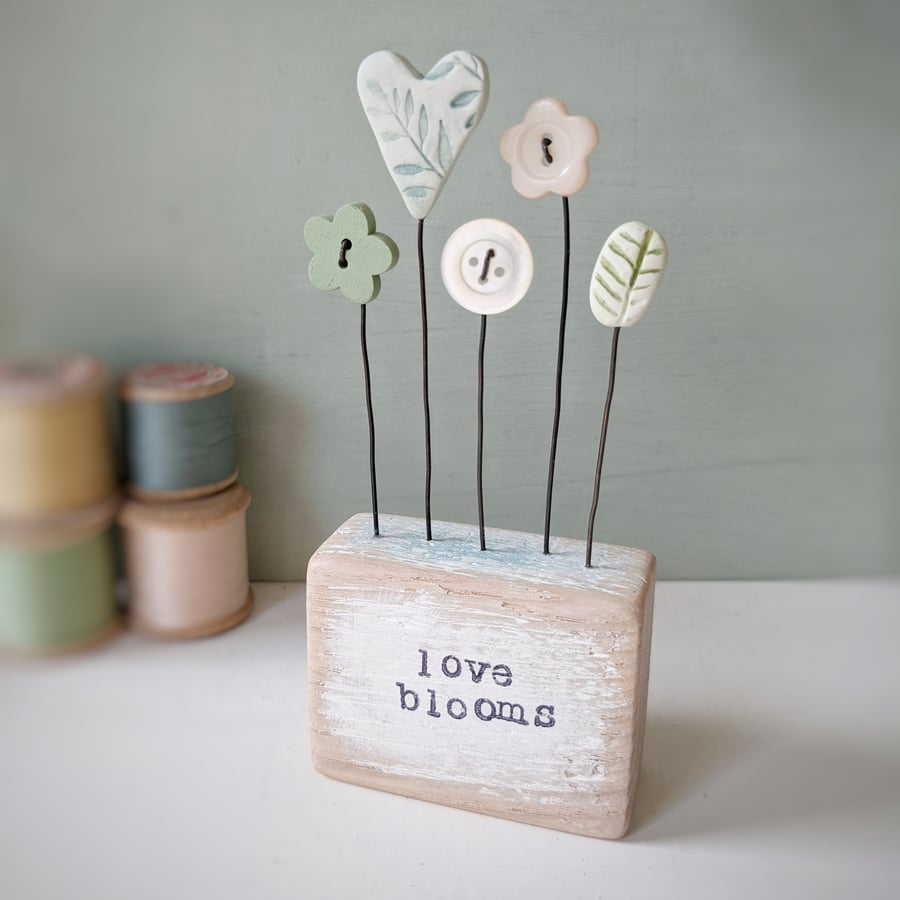 Clay Heart and Button Flowers in a Painted Wood Block 'Love Blooms'