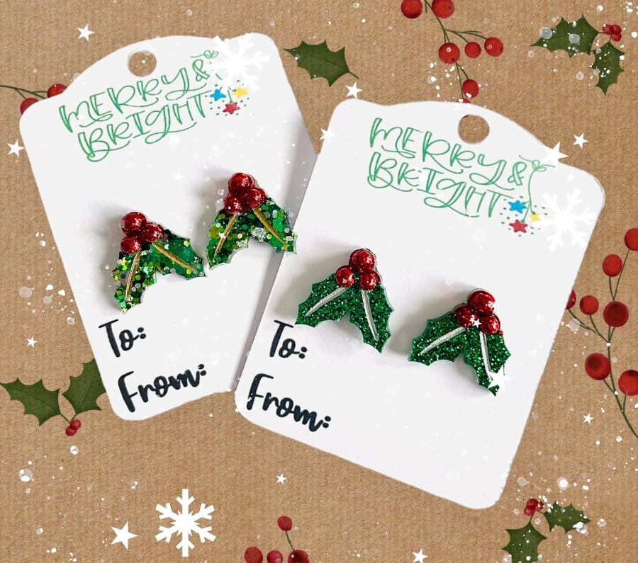 Christmas holly stud earrings, Christmas jewellery, secret Santa gift 