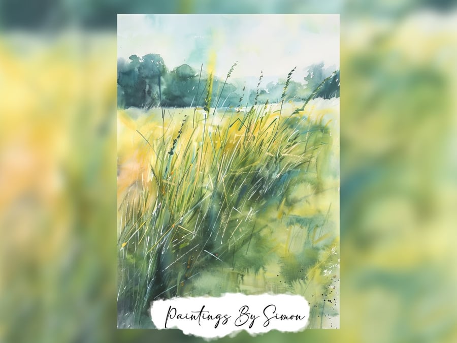 Serene Meadow Grass, Watercolor Painting Print 5"x7" on Matte Paper