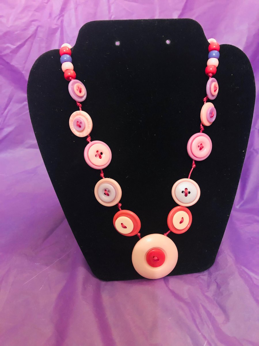 Handmade button necklace pink white and lilac