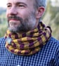 Hand woven unisex check cowl in yellow and purple with an embroidered dragonfly - Image 9
