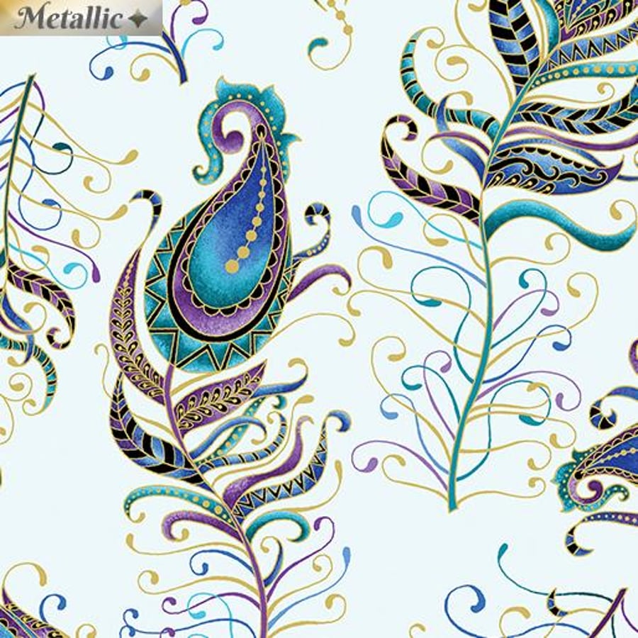 Peacock Flourish Floating Feather white - Benartex