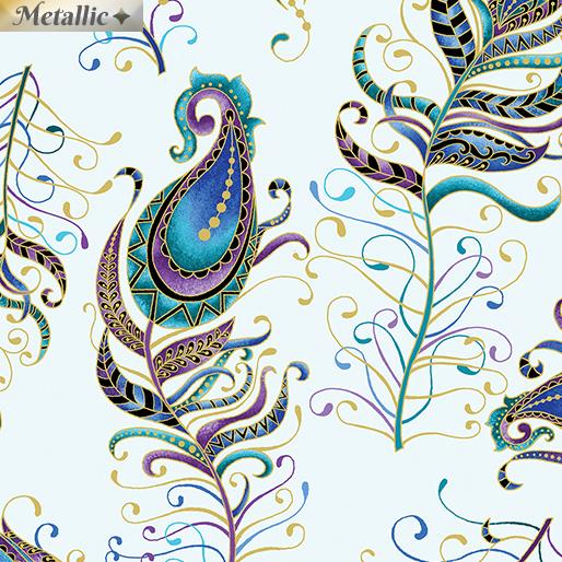 Peacock Flourish Floating Feather white - Benartex