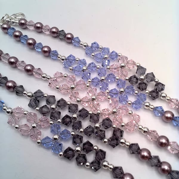 Pearl and Crystal Square Design Bracelets, Shapes of Lilac Bracelets, Boho Chic