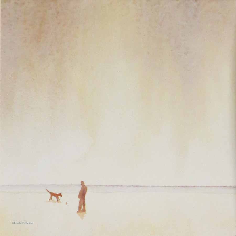 Never alone - walking the dog on the beach original watercolour painting