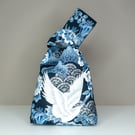 Reversible Japanese Knot Bag – Cranes & Chrysanthemums Black Duchess Satin Lined