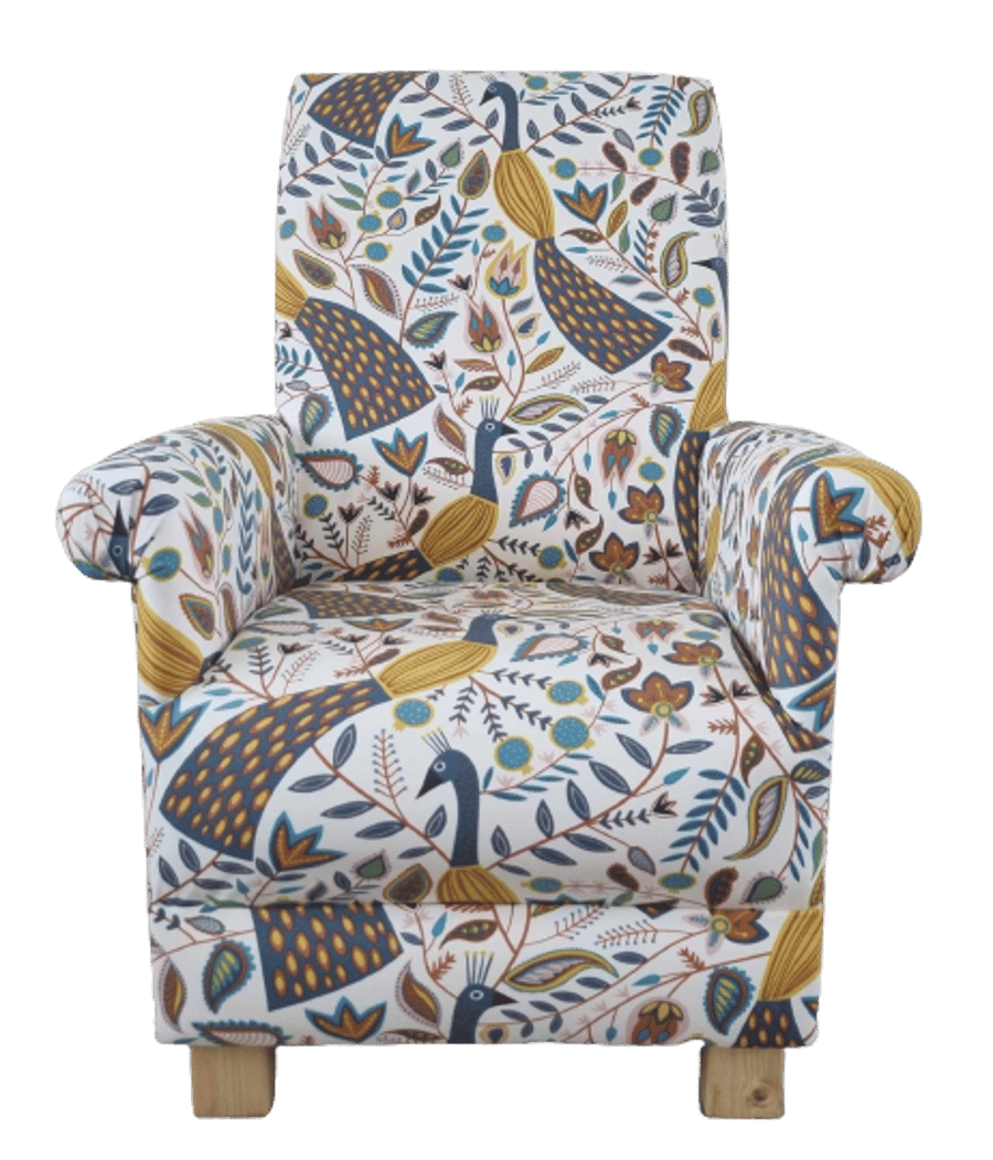 Fryetts Peacocks Ochre Fabric Adult Armchair Chair Mustard Birds Accent Small 
