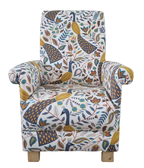 Fryetts Peacocks Ochre Fabric Adult Armchair Chair Mustard Birds Accent Small 