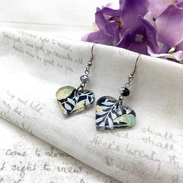 Jungle Leaves Japanese Washi paper heart clear acrylic dangle earrings