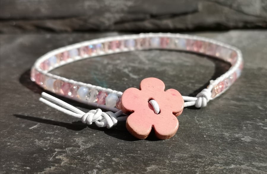 White leather bracelet, mixed pink Czech glass beads and wooden flower button