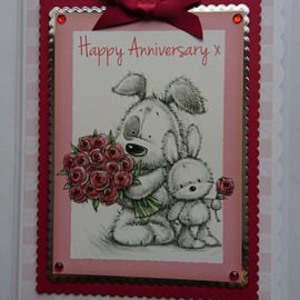 Happy Wedding Anniversary Card Cute Dog Rabbit Roses 3D Luxury Handmade Card