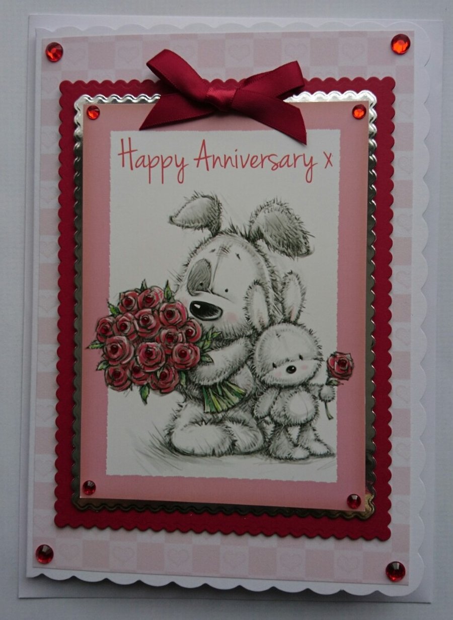 Happy Wedding Anniversary Card Cute Dog Rabbit Roses 3D Luxury Handmade Card